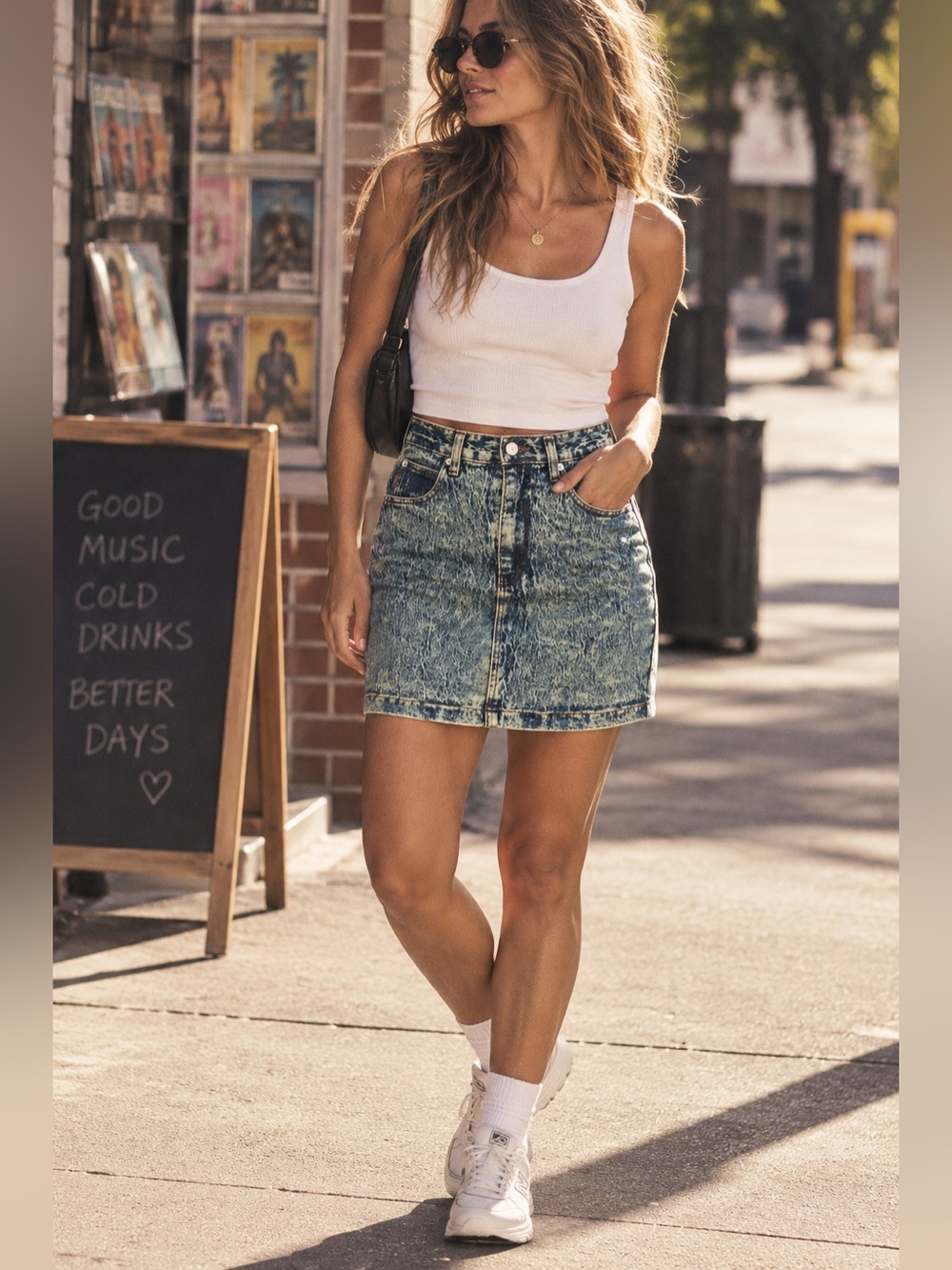 High-Rise Acid Wash Denim Mini Skirt - Blue